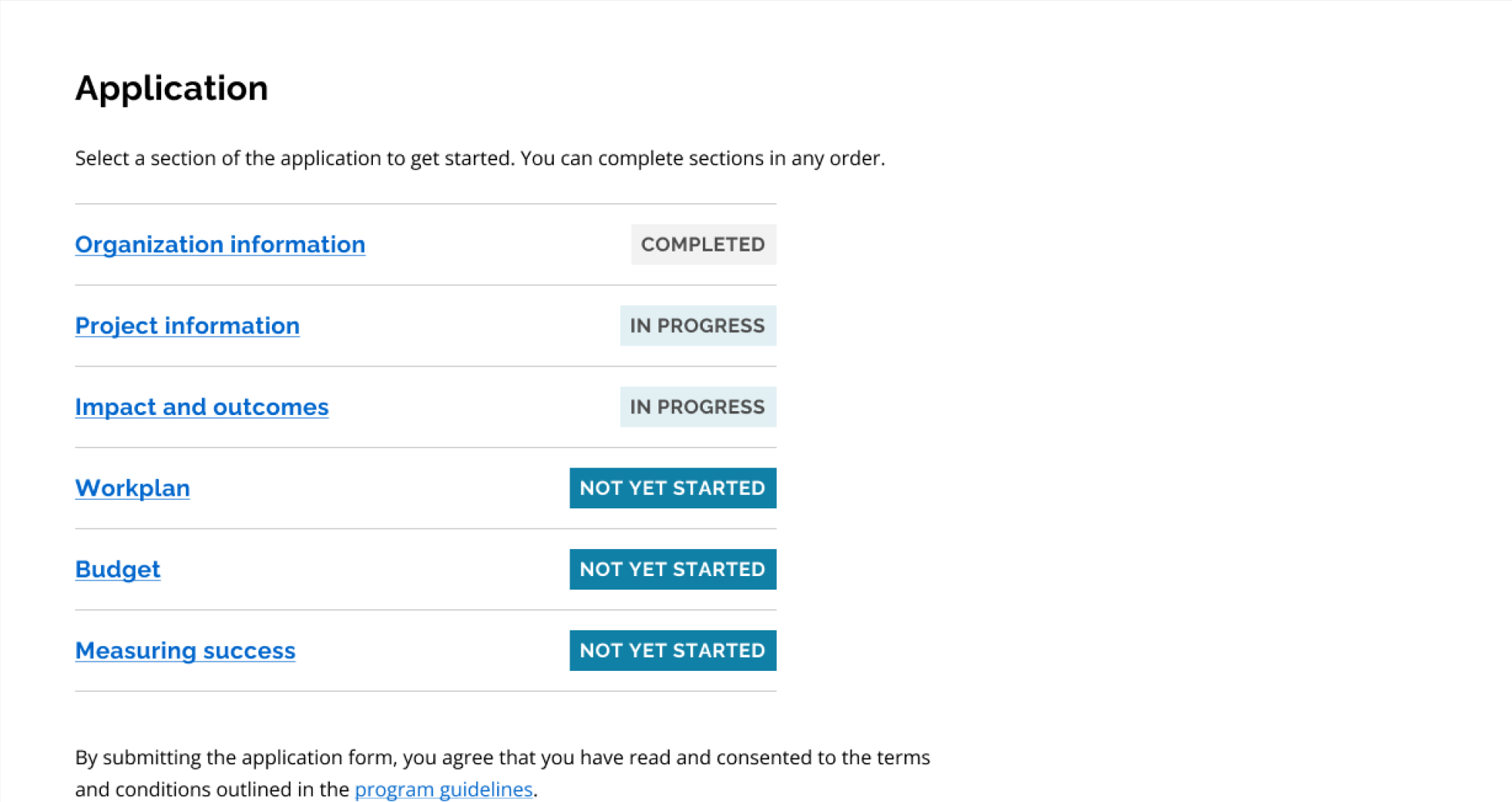 Screenshot showing 6 sections with a "Completed", "In progress", and "Not yet started" badge beside each section