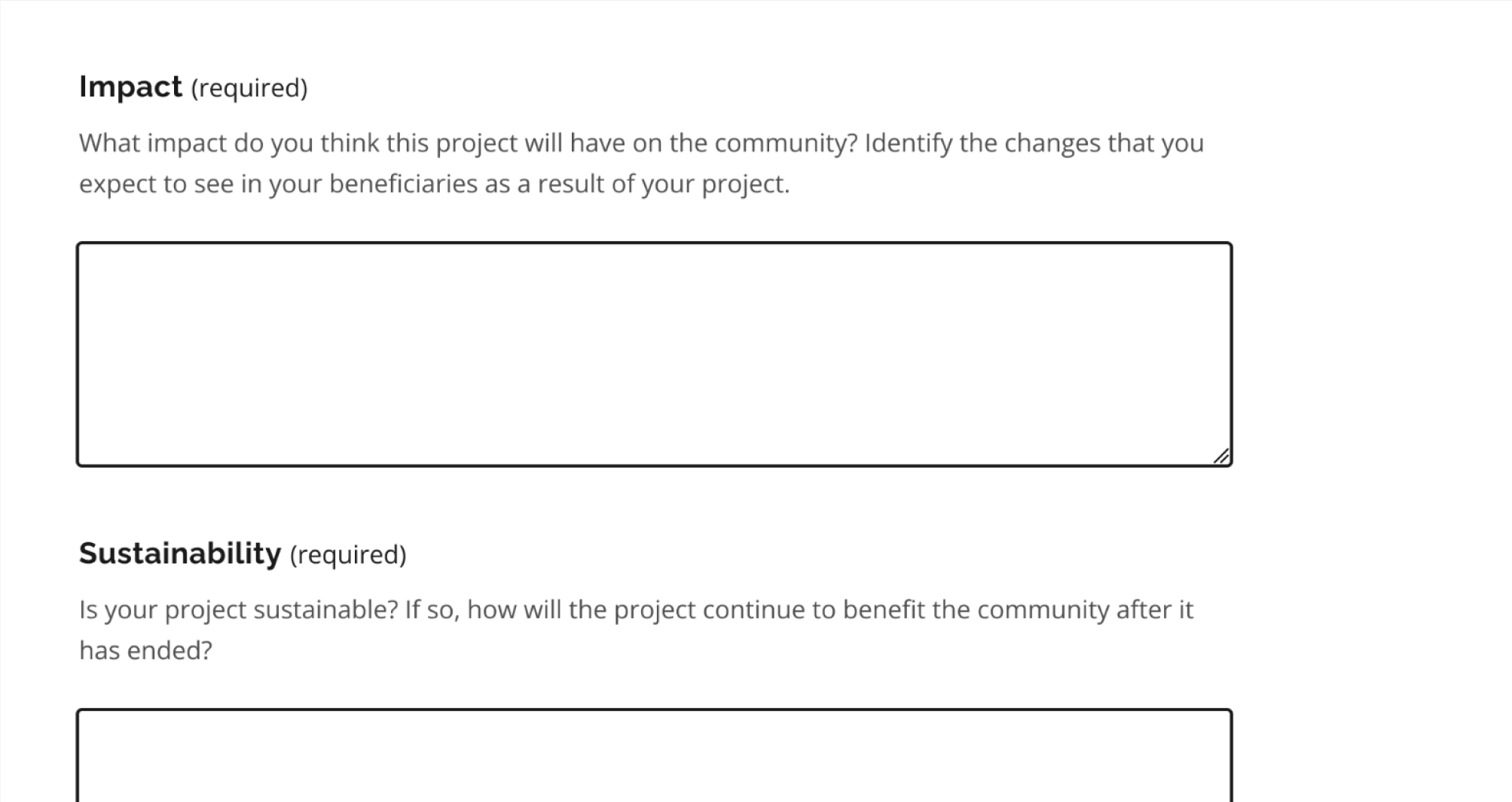 Screenshot showing simple question on Impact and Sustainability.