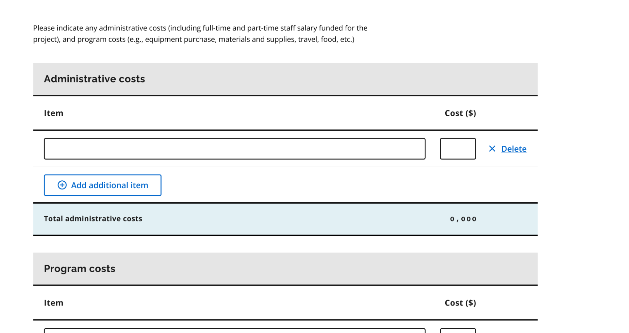 Screenshot showing administrative costs and program costs with no limits and possibility of adding additional items.