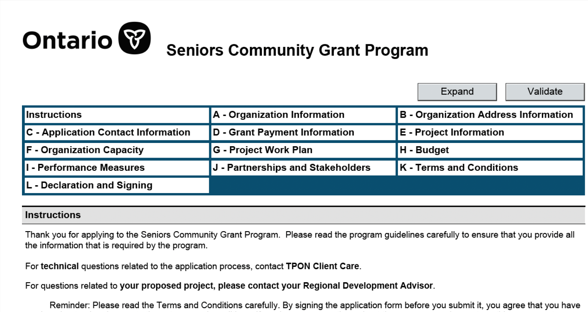 Screenshot showing 12 sections from A to L