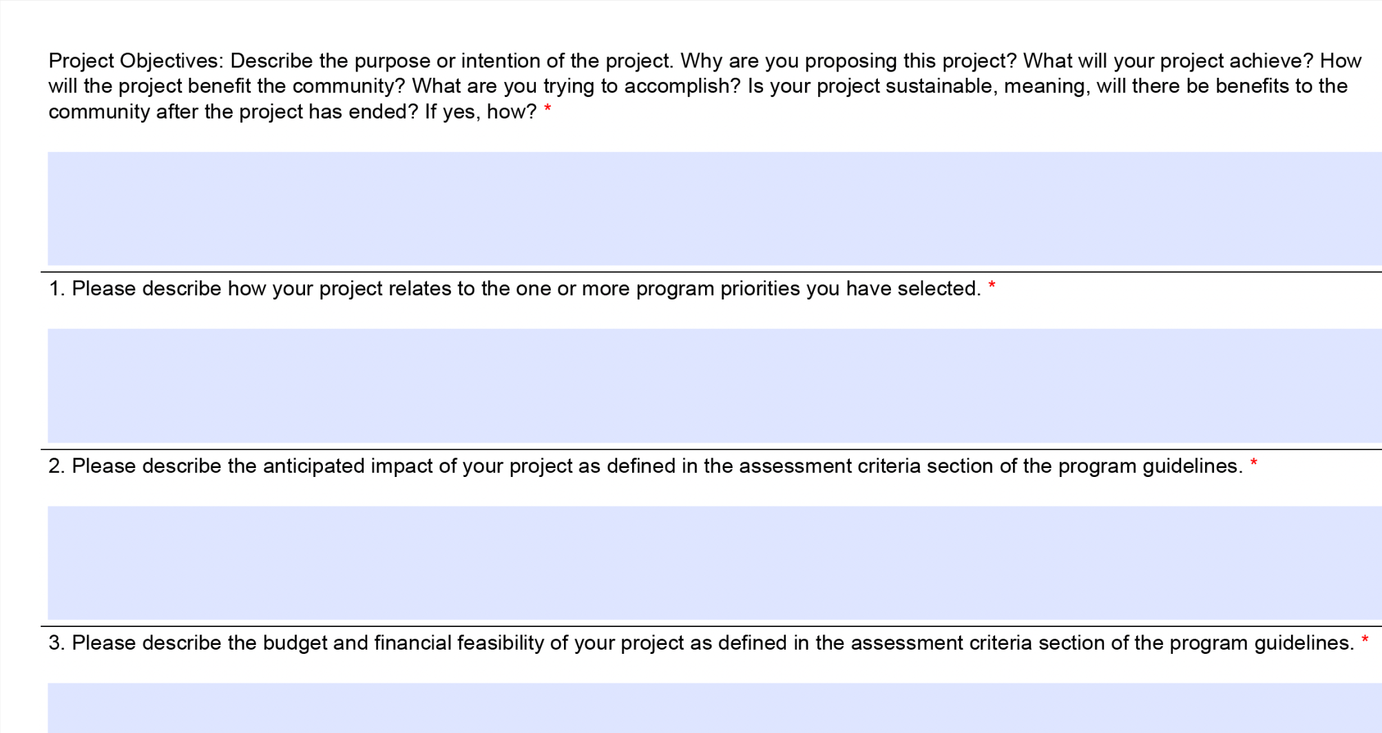 Screenshot showing questions with many parts on Project Objectives.