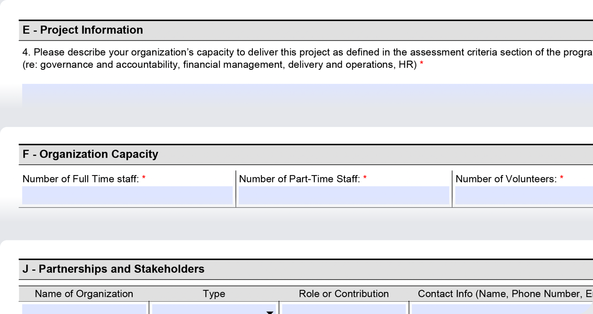 Screenshot showing three different sections (Project Information, Organization Capacity, Partnerships and Stakeholders) with similar questions on organizational capacity.