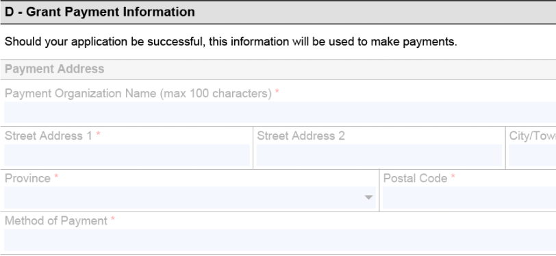 Form fields for Grant Payment Information, with description "Should your application be successful, this information will be used to make payments.