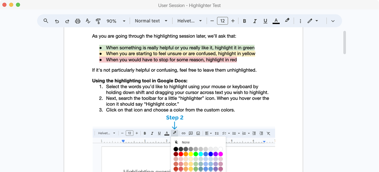 A google document showing instructions for a highlighter test.